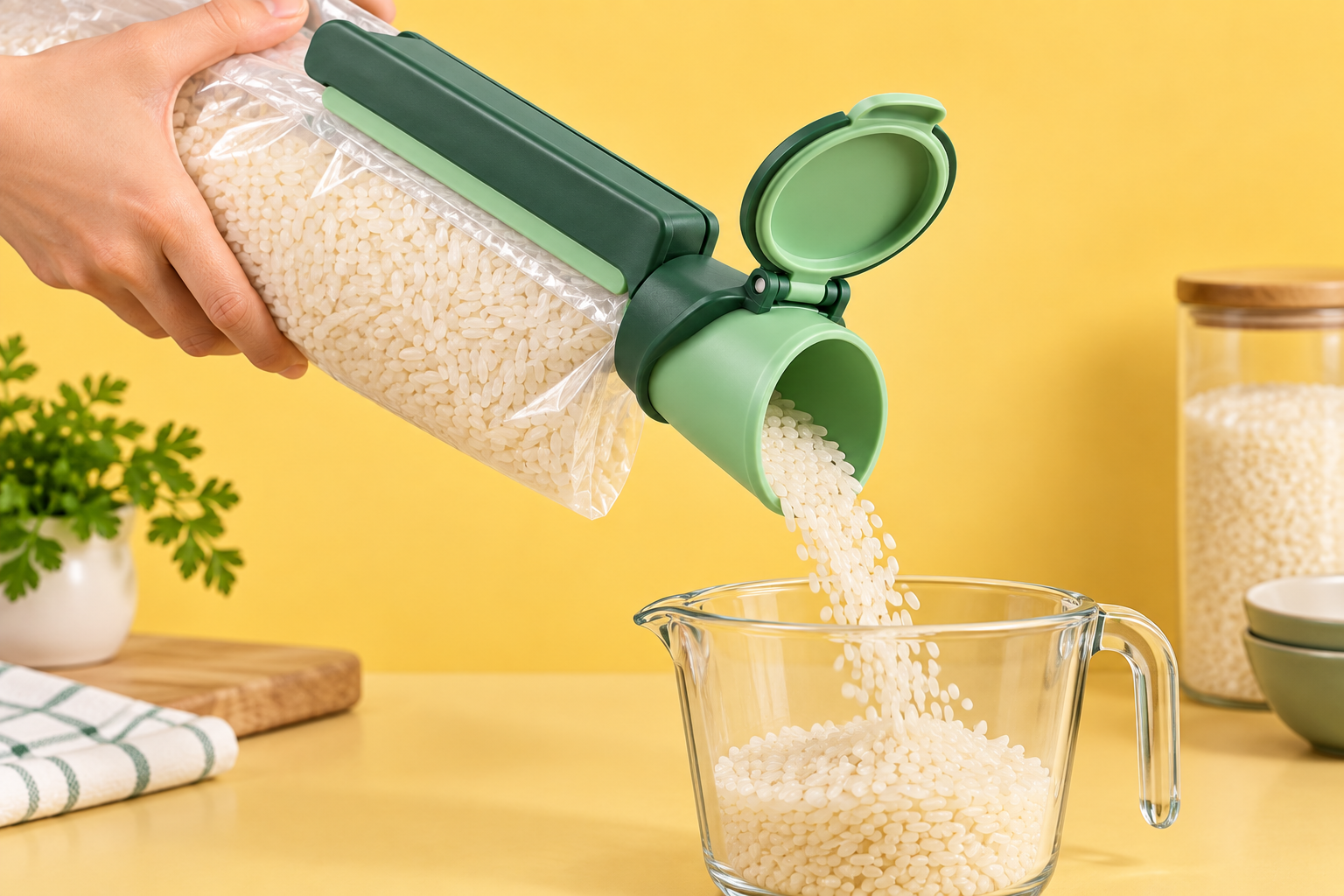 Conceptual ClipPour clamped onto an opened rice bag, pouring rice through a wide open spout into a measuring cup