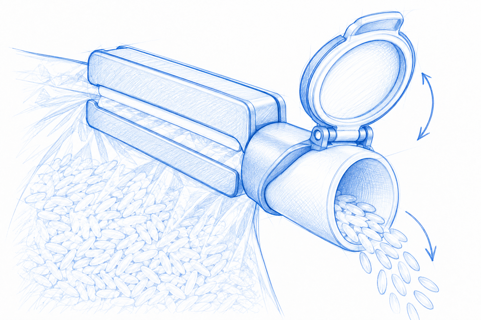 Blue pencil concept sketch of ClipPour clamped onto a rice bag with an unobstructed pouring spout