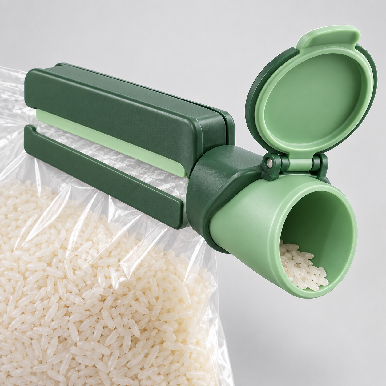 Conceptual ClipPour with rice bag material captured by its clamp, a wide open outlet and hinged cap